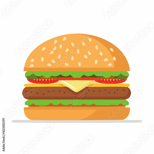 Delicious Sesame Seed Burger Illustration with Layers of Fresh Ingredients Artistically Represented