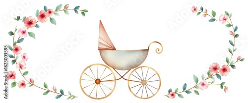 Watercolor carriage & eucalyptus wreath baby shower card design , tags, illustration