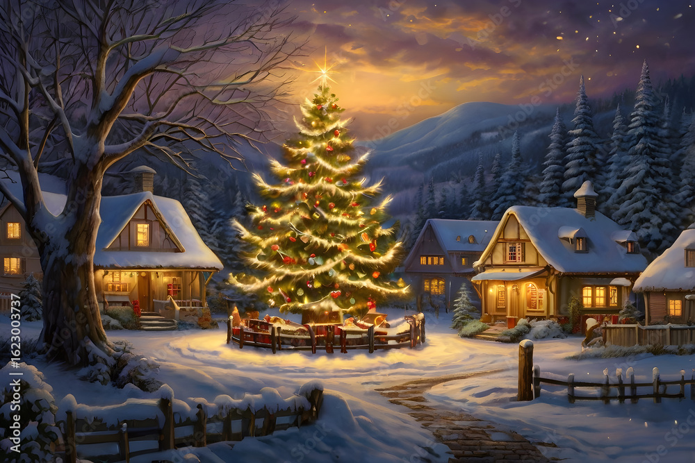 Naklejka premium Christmas and new year postcard with illuminated village, cozy houses, decorated christmas trees, festive, magic new year background, winter bokeh, template for design, greeting card, copy space.