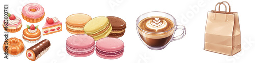 Assorted French pastries and coffee in takeaway bag on white background