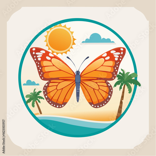 Serene Coastal Getaway Featuring Vibrant Butterfly in Tropical Circular Designscape