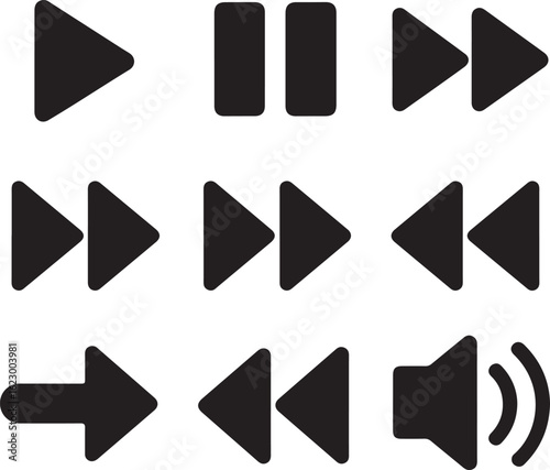 Play pause fast forward rewind skip and volume icons vector
