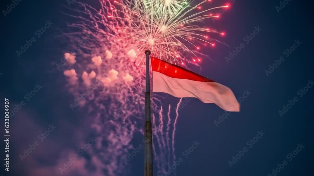 Singapore's flag billows proudly against a vibrant fireworks display, celebrating a national occasion.