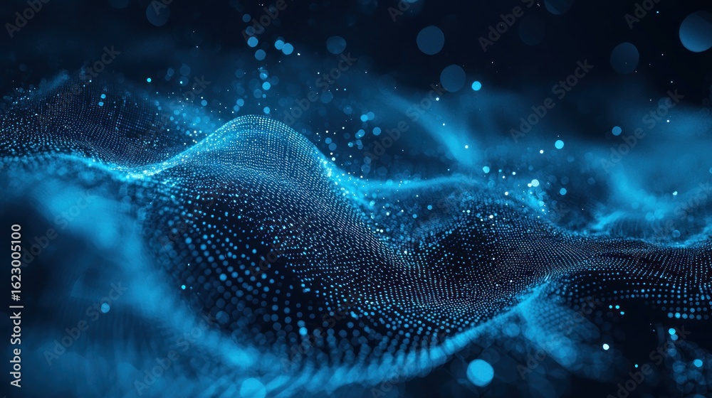 Naklejka premium A blue and black abstract digital wave pattern with glowing particles and a dark background.