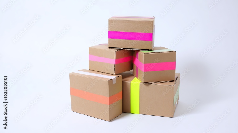 Obraz premium Stacked cardboard shipping boxes with colorful tape on a clean white backdrop.