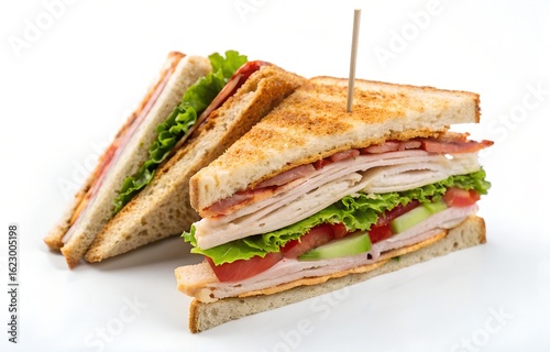 Triple-layered club sandwich sliced diagonally with crisp layers and toothpick – isolated on white background, classic deli lunch, meal, dinner, breakfast, sandwich.