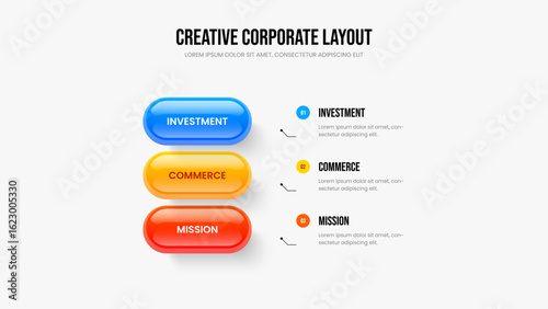Financial Briefing Three Option Infographic Frame Layout. Professional Strategy 3 Step Diagram Slide Template. Creative Proposal Slideshow Design Vector Illustration.