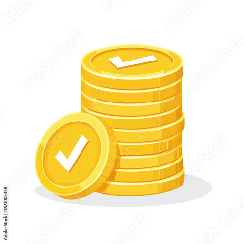 Gold coins stack with check marks, representing financial success and wealth accumulation
