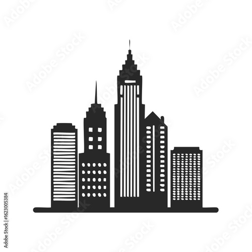 City skyline silhouette with skyscrapers in black and white, urban landscape, cityscape illustration, vector graphic