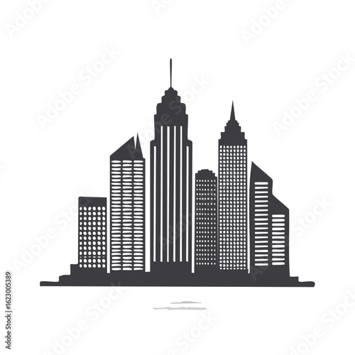 Stylized Cityscape Silhouette on Black Background with Tall Buildings
