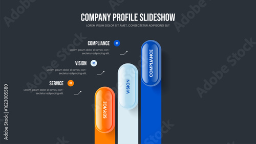 Investor Visualization 3 Step Diagram Slideshow Design. Sales Strategy Frame Layout Vector Illustration. Financial Review Three Option Infographic Presentation Template.