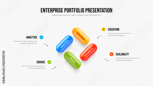 Advertising Introduction 4 Option Infographic Slideshow Layout. Corporate Proposal Four Element Diagram Frame Design. Market Performance Slide Template Vector Illustration.