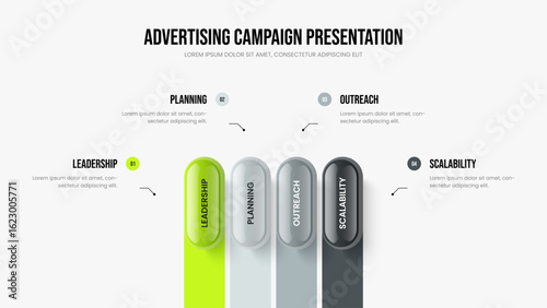 Corporate Innovation Four Element Diagram Presentation Design. Modern Analysis Slideshow Template Vector Illustration. Marketing Development 4 Step Infographic Slide Layout.