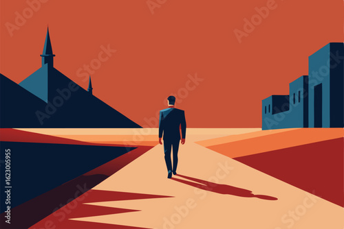 man walking alone through desert town  .eps