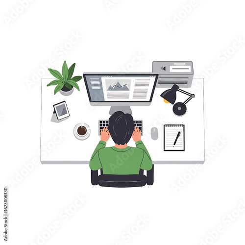 Overhead view of person working at desk with computer and accessories