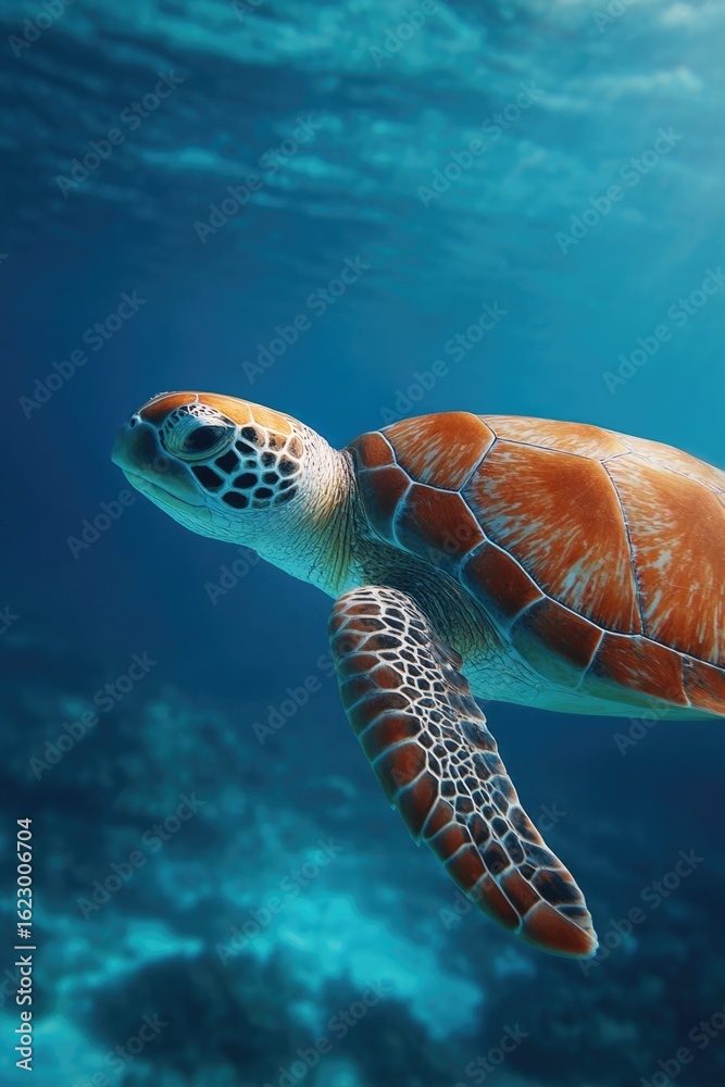 Fototapeta premium Graceful turtle gliding through vibrant blue waters, showcasing