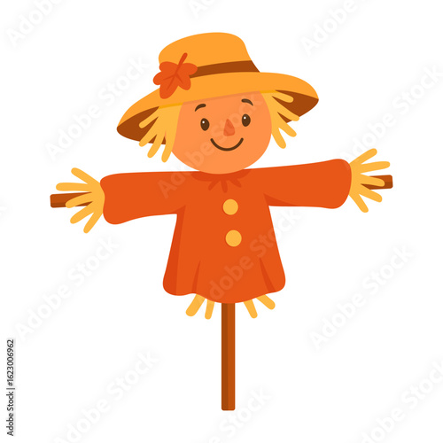 Cute scarecrow in orange coat autumn harvest cartoon. Smiling farm scarecrow for kids. Fall festival illustration. Vector isolated character.