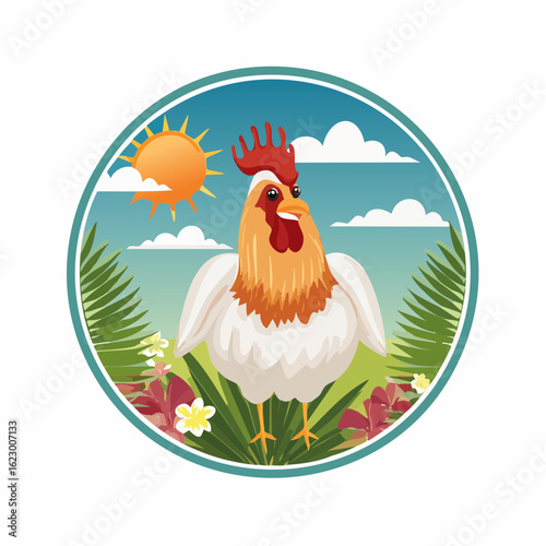 Cheerful Rooster on a Sunny Morning: A Vibrant Cartoon Illustration of Rural Life