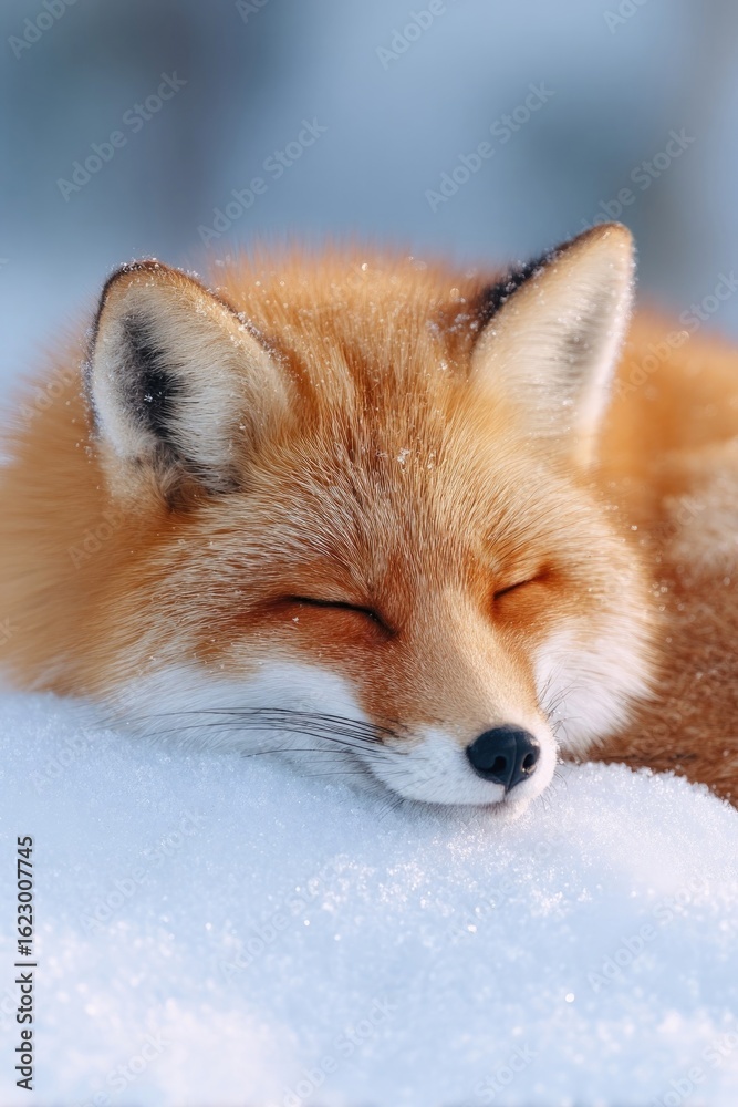 Obraz premium Softly resting fox blending into snowy landscape, showcasing vib