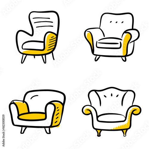 Sketchy Doodle Vector Icons of Cozy Armchairs on Transparent Background