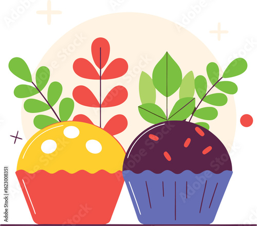 Two colorful cupcakes with stylized leaves, perfect for a sweet dessert design.