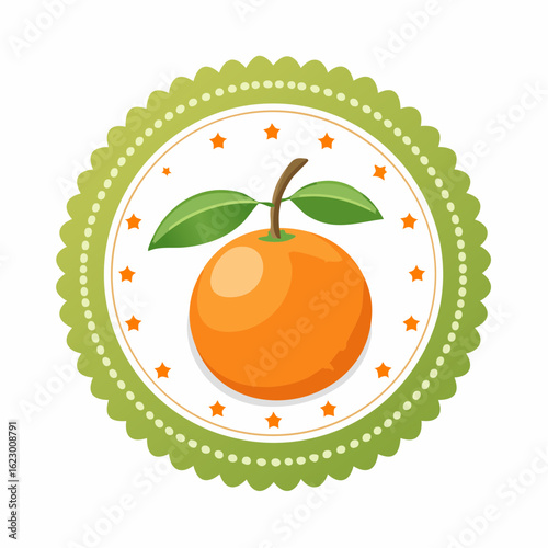 Delightful orange fruit emblem with decorative scalloped border and cheerful star accents