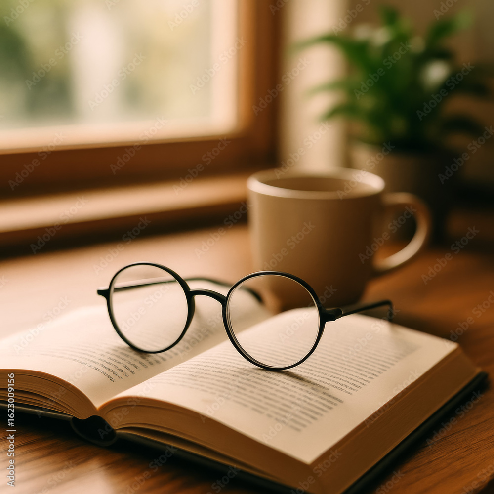 Fototapeta premium Reading glasses on open book with coffee cup nearby