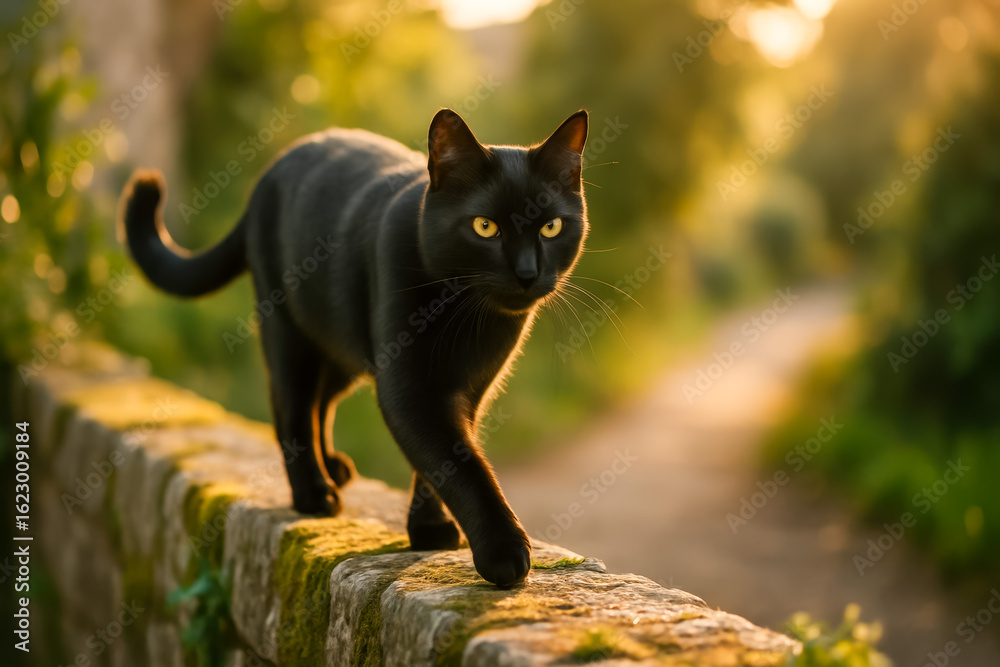 Obraz premium Black cat walking on stone wall during golden hour