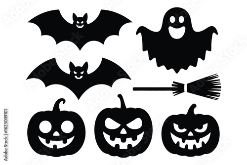 Halloween icons bats ghost pumpkins broom jack o lantern
