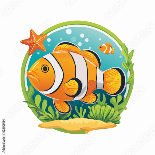 Cheerful clownfish amidst vibrant coral reef illustration creating a whimsical underwater scene