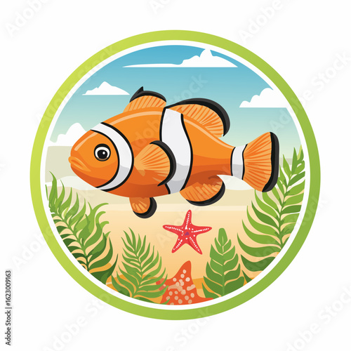 Clownfish Cartoon Illustration in Circular Frame with Underwater Scene Depiction