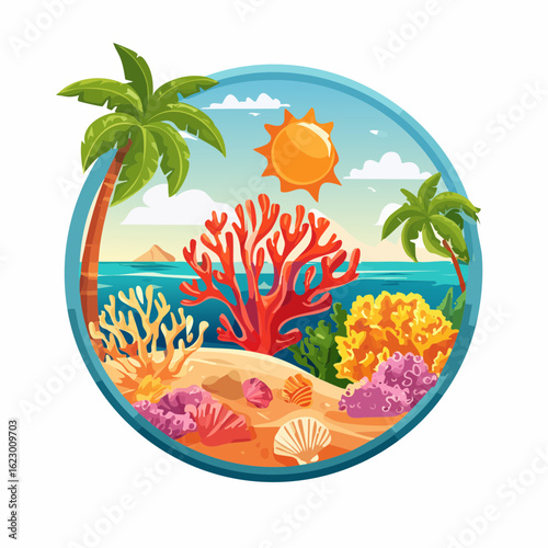 Tropical paradise scene with vibrant coral reefs and coconut trees in a circular frame