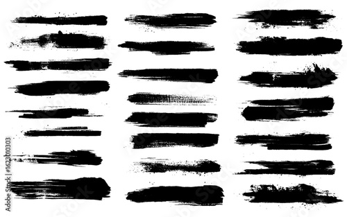 Grunge paint strokes set. Ink backgrounds. Simple grunge textures. Acrylic paint strokes. Ink splatter, scrawl. Grunge overlays. Stripes of brush black paint, set of grunge design elements. Vector ill