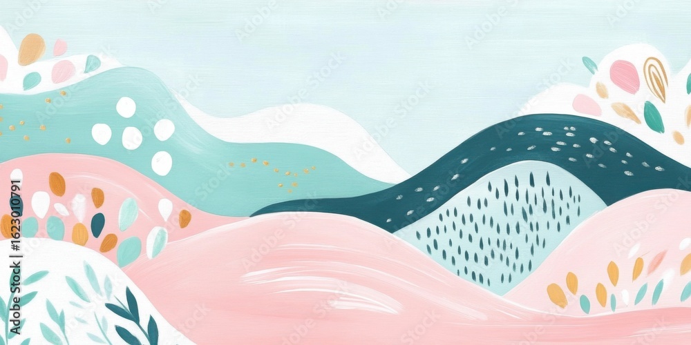 Fototapeta premium Abstract pastel landscape with flowing shapes, gentle curves and soft colors. Modern minimal art background suitable for various interior decor projects.