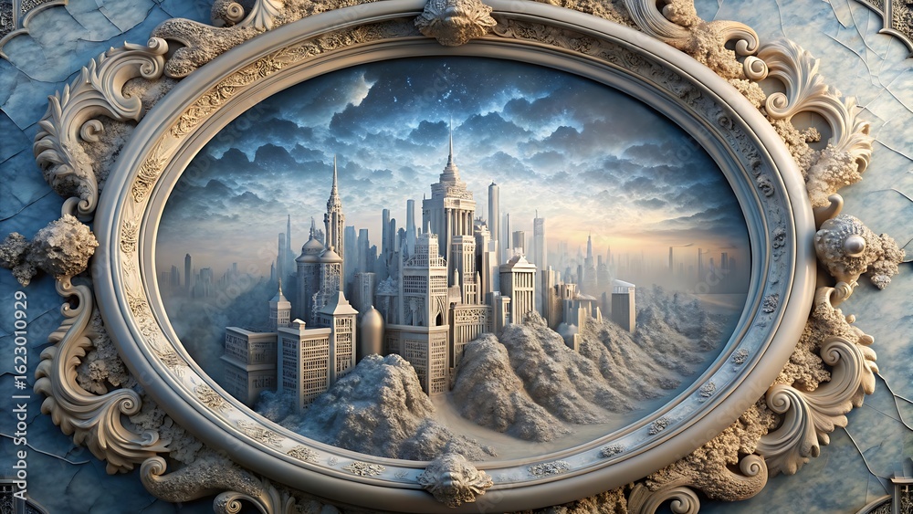 Fototapeta premium World Map Sculpture Frame with Architectural City Elements