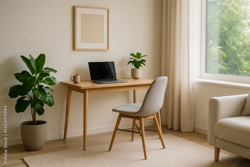 Fototapeta premium Modern home office setup with desk, chair, and plants