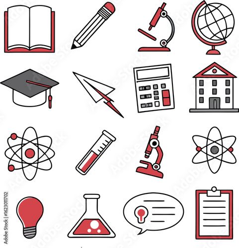 Book, Pen, Telescope, Rocket, Electron, Home, Message and Light Vector Icons – Education and Technology Concept

