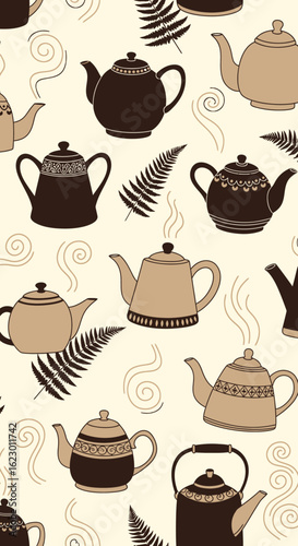 Teapot and Fern Pattern: Brown and Beige Teapots with Delicate Fern Fronds