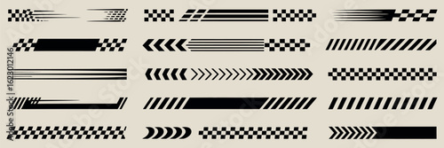 Racing cars and race car stripes set with angled checkered patterns, finish line graphics, motocross labels, and vehicle tuning decal designs