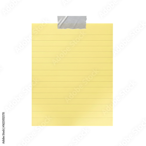 Empty Note Paper Mockup with Yellow Lined Texture and Grey Ripped Tape Isolated on White or Transparent Background