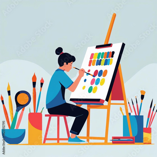 Talented artist creating vibrant artwork on canvas using colorful paints, inspiring creativity and artistic expression in a studio setting