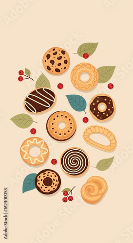 Assorted Colorful Cookies and Biscuits in Flat Design