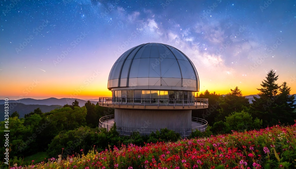 Fototapeta premium Observatory at Sunset with Flowers and Milky Way