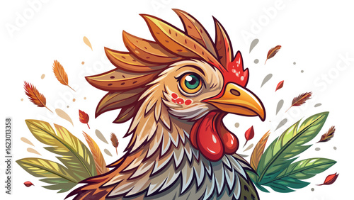 This spotted chicken head captures character and charm. Every feather, eye, and beak reflects nature’s beauty in soft hues, drawn with semi-realistic style on a crisp white background.