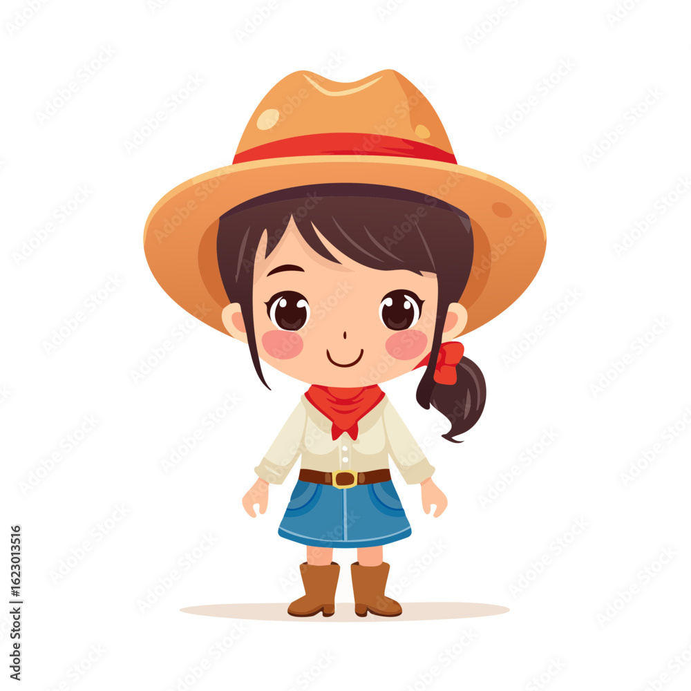 Cartoon Girl in Cowboy Hat, Scarf, Skirt, and Boots, Farm Lifestyle Cartoon Girl in Cowboy Hat, Scarf, Skirt, and Boots, Farm Lifestyle