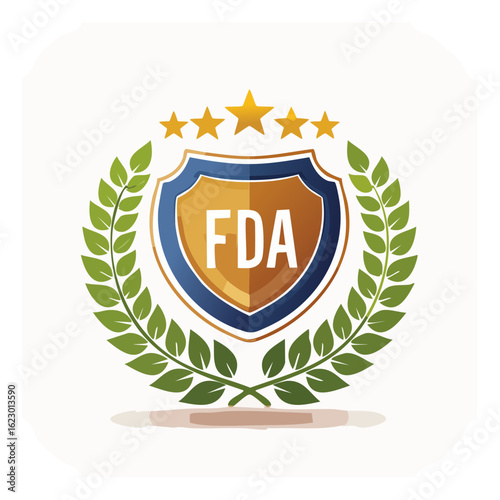 Shield icon with stars and wreath, FDA compliance concept. Symbol of trust, safety, regulation, control, and approval.