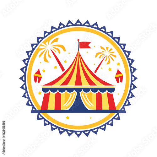 Festive carnival or circus tent with palms, vintage style emblem with red and yellow stripes and geometric ornament.