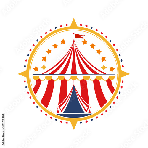 Circus tent vector illustration. Carnival big top with stripes, stars and decorative frame on a black background.