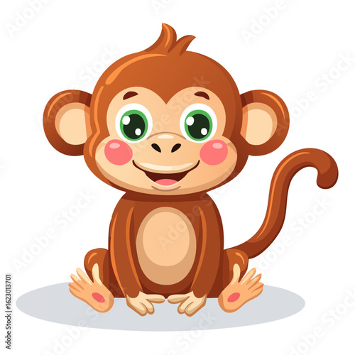 Cute Cartoon Monkey Sitting with a Smile, Animated Character