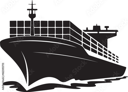 A striking black silhouette of a large cargo ship on the open sea, an isolated vector illustration of a naval vessel